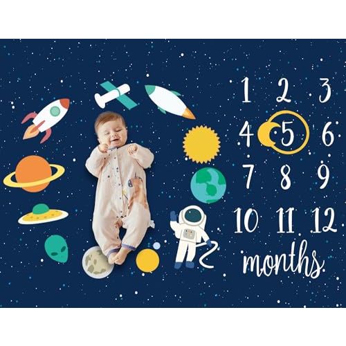 DCOOLGO Baby Monthly Milestone Star Astronaut Boy Blanket - Newborn Swaddle, Party Favors, Photography Backdrop Props, Dark Party Supplies 40 * 50IN