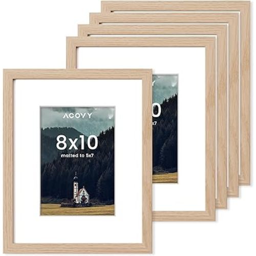 8x10 Picture Frames Set of 5, 8 x 10 Photo Frame with Mat for 5x7 or 8x10 without Mat, 8"x10" Picture Frame with HD Plexiglass, 8 by 10 Picture Frame for Wall or Tabletop Display, Oak