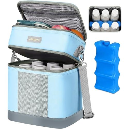 Mancro Breastmilk Cooler Bag with Ice Pack, Double Layer Breast Milk Cooler Bag Fits 6 Bottles Up to 9 Ounces, Waterproof Bottle Storage Bag for Nursing Mom Daycare, Blue