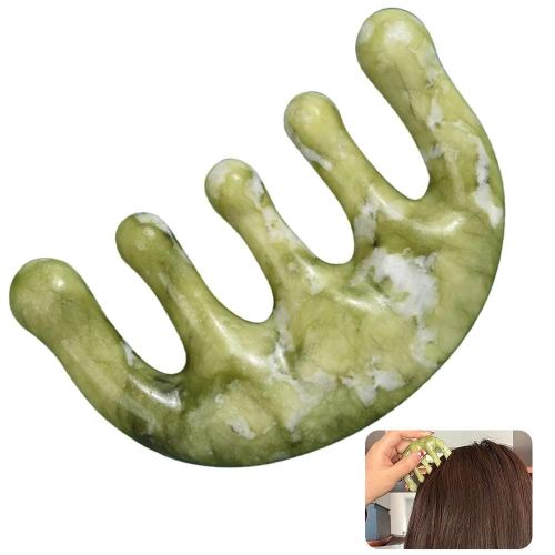 Natural Jade Head Massager, Natural Stone,Jade Meridian Massage Comb for Face & Scalp, Handheld Head and Meridians Scalp Care Massage Tool, and Promotes Meridian Flow, Guasha Scraping Scalp Comb