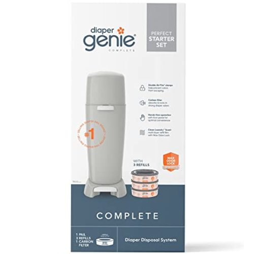 Diaper Genie Complete Diaper Pail (Grey) with Antimicrobial Odor Control | Includes 1 Diaper Trash Can, 3 Refill Bags, 1 Carbon Filter