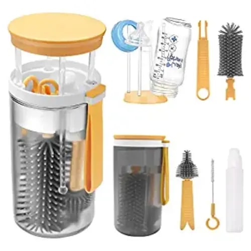 Travel Baby Bottle Brush Set Portable Silicone Brush Cleaner kit with Baby Bottle Drying Rack, Baby Bottle Brush,Nipple Brush and Straw Brush for Working Mom, Travel,Outdoor Activity with Baby - Yellow