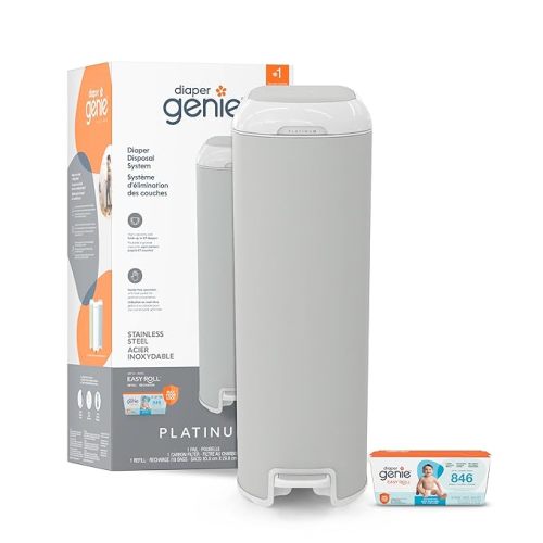 Diaper Genie Platinum Pail (Stone Grey) is Made in Durable Stainless Steel and Includes 1 Easy Roll Refill with 18 Bags That can Last up to 5 Months.