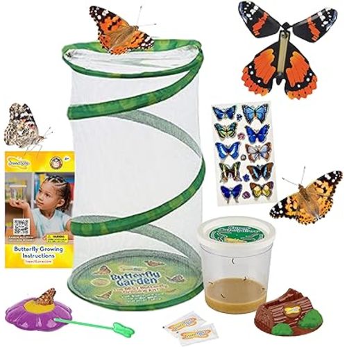 Insect Lore Butterfly Garden Gift Set | 8" Habitat with Live Cup of Caterpillars | Stickers and Extras Included | Life Science & STEM Education Kit | Grow Painted Lady Butterflies