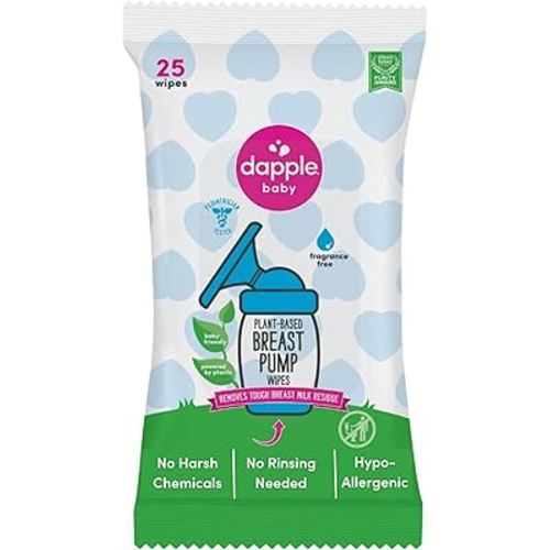 Breast Pump Wipes by Dapple Baby, Hypoallergenic & Powered by Plants, Removes Milk Residue, Leaves No Taste, Convenient Wipes Pouch, Fragrance Free, 25 Count (Pack of 1)