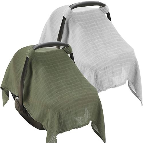 2 Pieces Muslin Carseat Cover Muslin Baby Car Seat Canopy Breathable Soft Car Seat Covers  (Grey, Green)