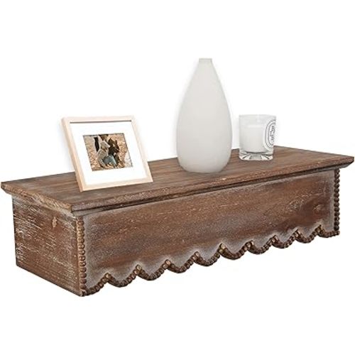 SOFE Wood Scalloped Decorative Wall Shelf, Bedroom Bathroom Kitchen Shelving Wall Mounted Heavy Duty, Farmhouse Floating Storage Shelves Small Hanging Shelves Display Book Picture Ledge Shelf