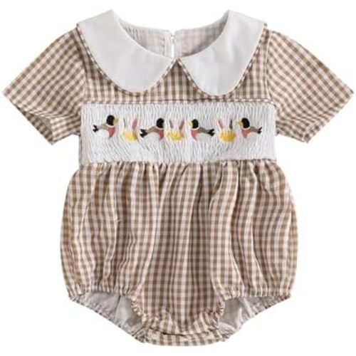SAYOO Baby Girls Duck Romper Mallard Duck Embroidery Smocked Bubble Romper Bodysuit Newborn Infant Toddler Hunting Outfit