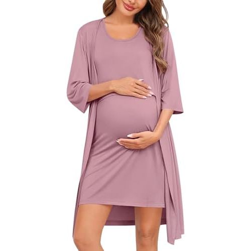 SWOMOG Women Maternity Nursing Gown and 3/4 Sleeve Robe Set Labor Delivery Nightgown Breastfeeding Hospital Bathrobe