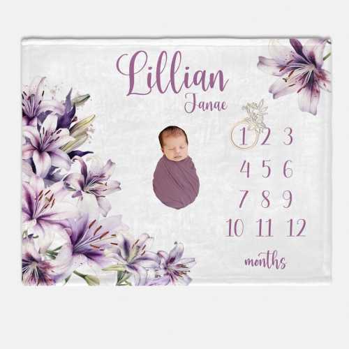 Lily Baby Girl Milestone Blanket, Lily Flower Baby Milestone Blanket, Baby Gift, Monthly Baby Blanket, Baby Girl Blanket, Lily Nursery F120