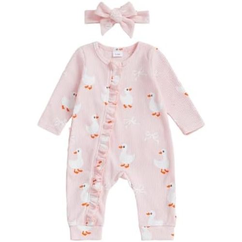 Newborn Baby Girl Boy Fall Clothes Goose Print Long Sleeve Sweatshirt Romper Jumpsuit Infant Farm Animals Outfit