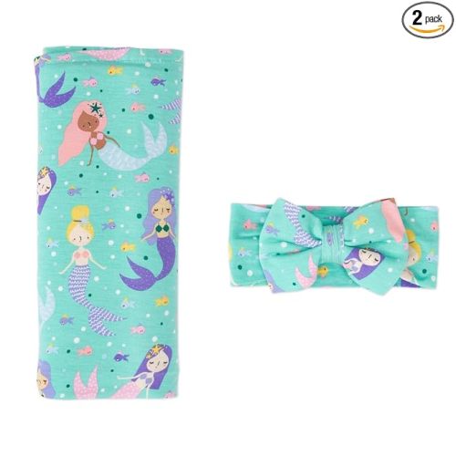 Little Sleepies Swaddle & Headband Bow Set, Viscose from Bamboo Baby Swaddles, Newborn Baby Girl Clothes (Luxe Mermaid Magic)