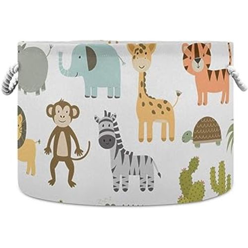 Collapsible Round Storage Basket Fabric Toy Chest Organizer, Cute Safari Animals Giraffe Lion Hippo Crocodile Laundry Basket with Drawstrings for Kids