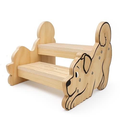 Motherly Haven Wooden Step Stool for Toddlers & Kids, 2-Step Dog Design, Anti-Slip Bathroom Toilet Potty Training Stool, Durable Kitchen Step Stools for Independence & Safety