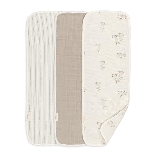 Crane Baby 100% Organic Cotton 3-pc. Burp Cloth Set - GOTS Certified Cotton, Absorbent & Lightweight with Bunny & Stripe Designs, Machine Washable, Muslin Burp Cloth