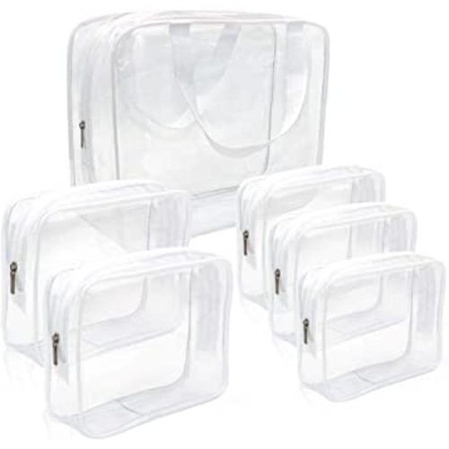 TSA Approved 6Pcs Clear PVC Bags with Zipper Handle (White)