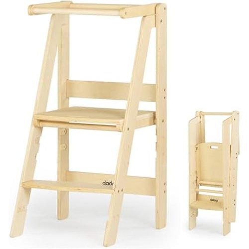 dadada Baby Foldable Montessori Tower - Adjustable Kitchen Step Stool for Kids with Safety Rail, Non-Toxic Finish, Great for Small Space Living (Natural)