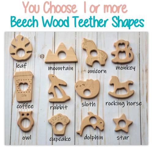 Beech Wood Teether Shapes - Natural Wood Teether - Whale - Elephant - Cactus - Mountain - Sloth - Heart - Flower - Unicorn -Wooden Teether
