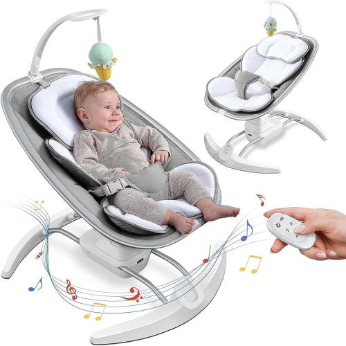 RONBEI Newborn Cradle Sway, Portable Baby Swing with Music, Unisex Bouncer for Home Travel, Light Gray
