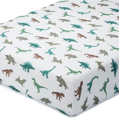 LollyBanks Fitted Crib Sheets for Boys, Soft 100% Cotton Baby Boy Sheet, Fits Standard Size Mattress 28 in x 52 in, Breathable Muslin Crib Sheet 1 Pack (Dinosaur Print)
