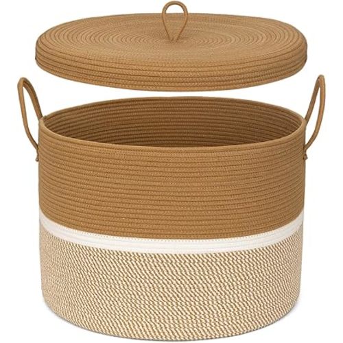 Laundry Basket with Lid, Woven Cotton Rope Laundry Hamper Foldable Storage Organizer Bin Blanket Basket for Comforter, Cushions, Clothes, Pillows, 20.5x20.5x15 Inch, Camel/White