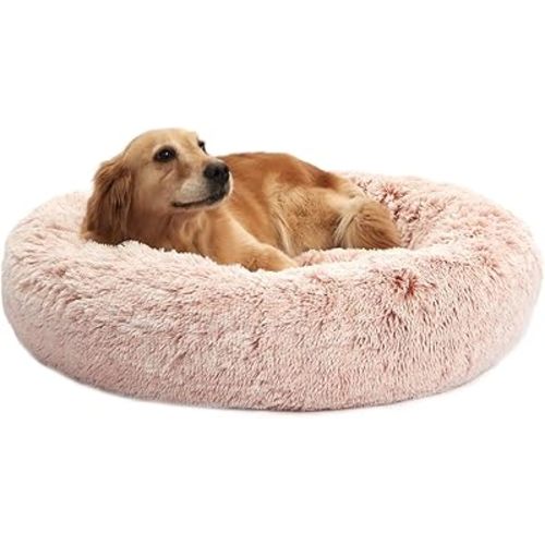 Bedfolks Calming Donut Dog Bed - 36" Round, Fluffy, Anti-Anxiety, Machine Washable Pet Bed (Pink, Large)
