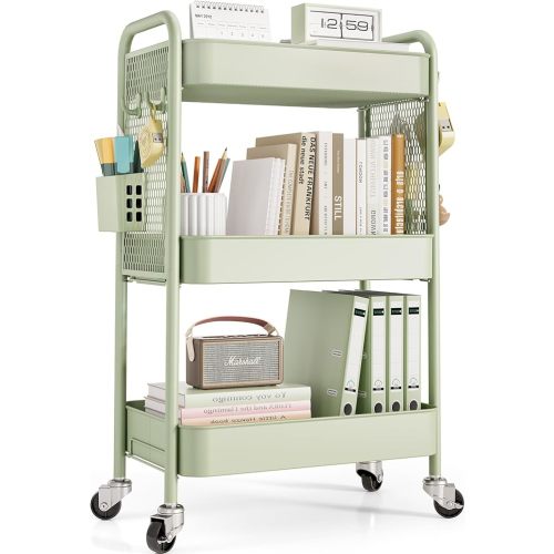 TOOLF 3 Tier Rolling Cart Storage Organizer, Metal Rolling Utility Cart with Wheels, Hooks & Bins Esthetician Craft Art Sturdy Storage with Pegboard for Bathroom, Kitchen, Office, Nursery Diaper