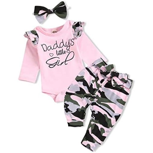 AMAWMW Baby Girl Clothes Set Daddys Little Girl Ruffle Romper Top Camouflage Pants Newborn Infant Baby Girl Outfit