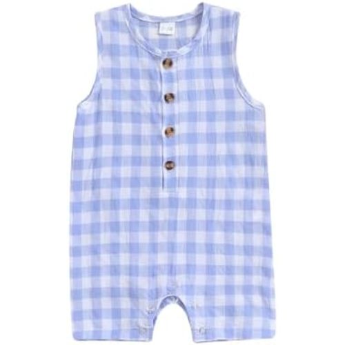 Infant Baby Boys Summer Cotton Linen Romper Sleeveless Plaid Solid Button Up Jumpsuit Overalls One Piece Outfits