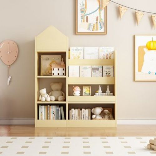 Wooden Kids Bookshelf Toy Storage Organizer With Bookcase, Kid's Bin Storage Unit With 6 Compartments 2 Baskets Bins Toys Box Organizer Yellow
