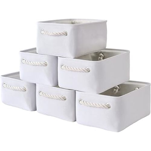 TheWarmHome Storage Basket for Organizing - Small 6 Pack 11.8x7.8x5.2 inch Gifts for Empty with Rope, Fabric Storage Cubes for Decorative Cloth Dog Livehome (White)