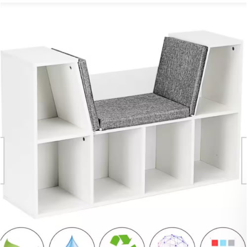 40.5 in. Wide White 6-Cubby Kids Storage Cabinet Bookcase Multi-Purpose Shelf Cushioned Reading Nook