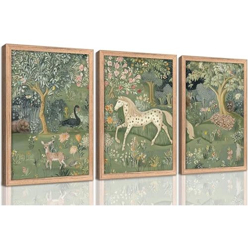 Vintage Woodland Animal Nursery Wall Art Magic Horse Bear Deer Poster Green Fantasy Forest Botanical Pictures Decor Fairy Tale Nature Painting Canvas Print Artwork for Kids Room Living Room, Unframed