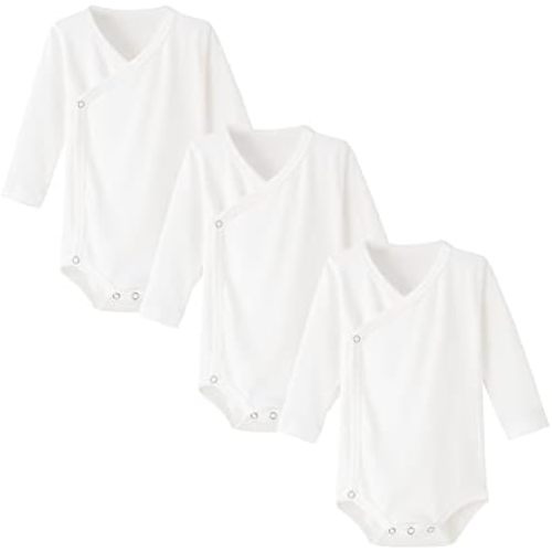 ACESTAR Baby Boy Girl Side Snap Bodysuits - 100% Cotton Plain Long Sleeve Baby Kimono for Newborn-12 Months, 3 Pack