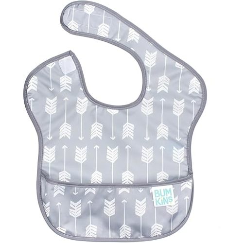 Bumkins Bibs for Girl or Boy, SuperBib Baby and Toddler for 6-24 Mos, Essential Must Have for Eating, Feeding, Baby Led Weaning Supplies, Mess Saving Catch Food, Waterproof Soft Fabric, Gray Arrows