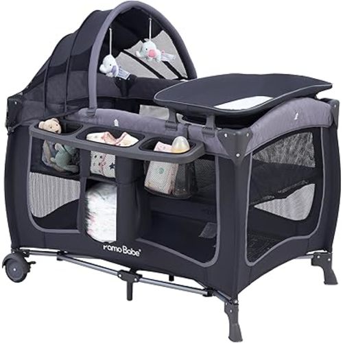 Pamo Babe Baby Playard with Canopy, Portable Crib with Changing Table