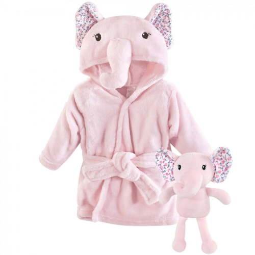 Little Treasure Infant Girl Plush Bathrobe and Toy Set, Floral Elephant, 0-9 Months