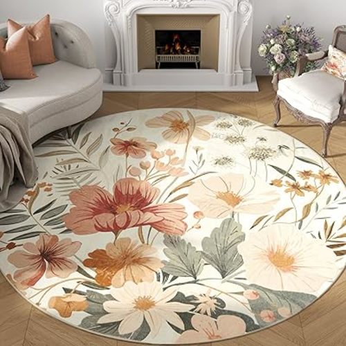 jinchan Summer Floral Round Rug 7ft Area Rug Indoor Circle 7' Round Washable Modern Oriental Flower Print Non Slip Carpet for Living Room Dining Room Bedroom Office Decor Pink/Grey