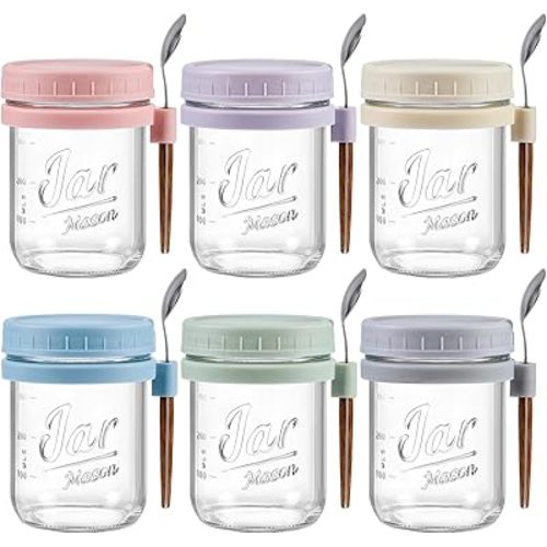 LANDNEOO 6 Pack Overnight Oats Containers with Lids and Spoons, 16 oz Glass Mason Overnight Oats Jars, Large Capacity Airtight Jars for Milk, Cereal, Fruit