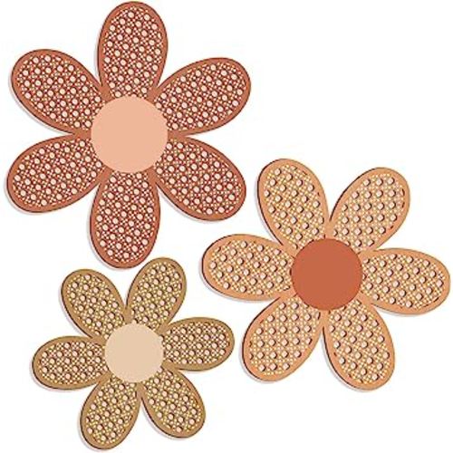 Maitys 3 Pieces Boho Daisy Wall Decor Natural Rattan Flower Wall Hanging Art Wooden Boho Wall Art Nursery Wall Decor Flowers Farmhouse Hanging Decor for Home Office Nursery (Fresh Color)