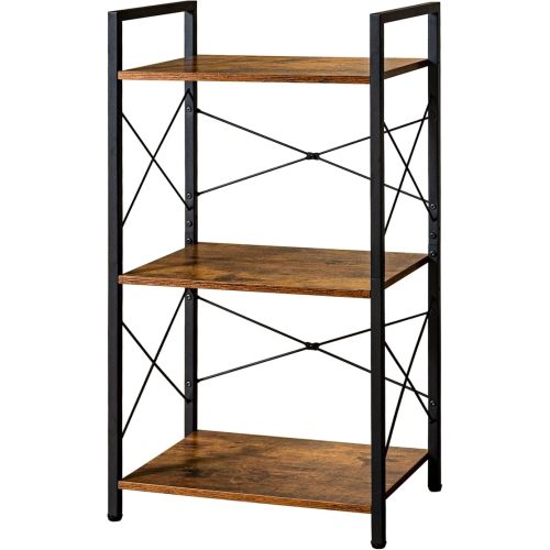 HCHQHS Small Bookshelf, Adjustable 3-Tier Industrial Bookcase, Rustic Open Book Shelf, Wood and Metal Horizontal Bookshelves
