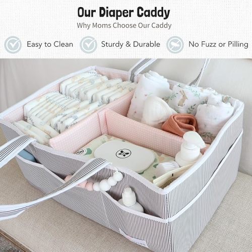 Lily Miles Baby Diaper Caddy - Organizer Tote Bag for Baby Girl Essentials - Baby Shower Basket - Nursery Must Haves - Registry Favorites - Newborn Caddie Car Travel - Gray/Blush, Extra Large