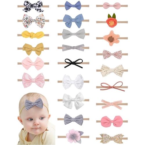 doboi 24pcs Baby Girls Flower and Hair Bows Headbands Soft Nylon Hairbands Elastic Hair Accessories for Newborns Infants Toddlers and Kids