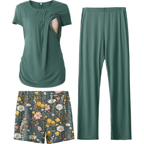 SUNNYBUY Womens Maternity Nursing Pajamas Set, Short Sleeve Breastfeeding Shirts，Pregnancy Shorts & Pants 3 Piece Nursing PJS