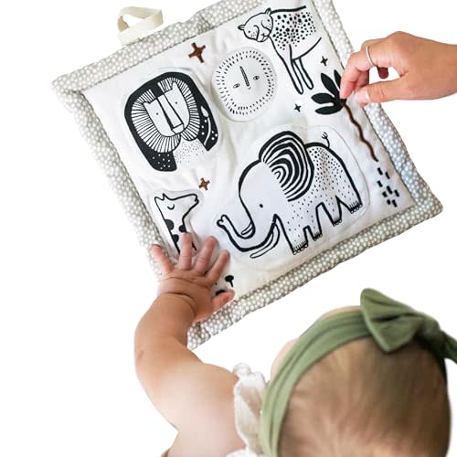 Wee Gallery Safari Activity Pad Organic Baby Play Mat with Sensory Toys, High Contrast Newborn Essentials Soft Tummy Time Mat for Babies 0-12 Months, Visual and Motor Skill Development Toy