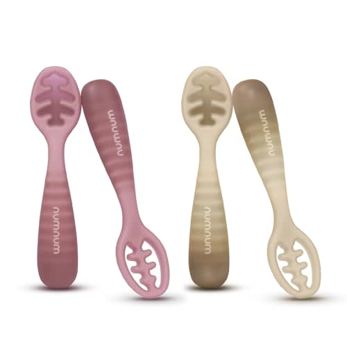 NumNum Baby Spoons Set, Baby Essentials Pre-Spoon GOOtensils for 12+ Months, First Stage Self-Feeding Spoons for Baby Led Weaning (BLW), Silicone Toddler Utensils, BPA-Free, 4 Pack Beige/Mauve