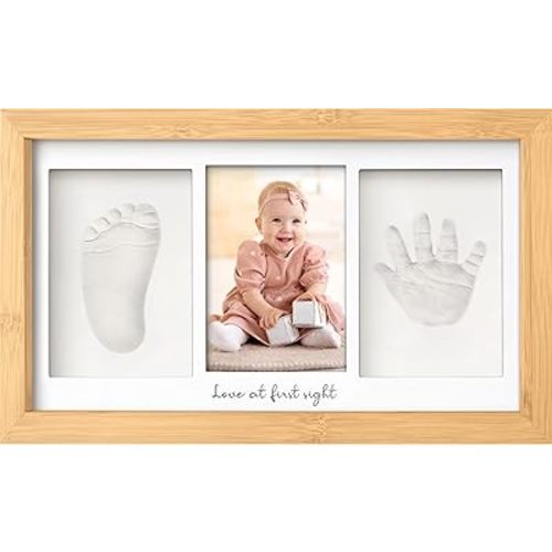 Baby Hand and Footprint Kit - Clay Handprint Keepsake Frame, Newborn Nursery Picture Frame, Personalized New Mom Gifts for Baby Shower & Registry (Bamboo)
