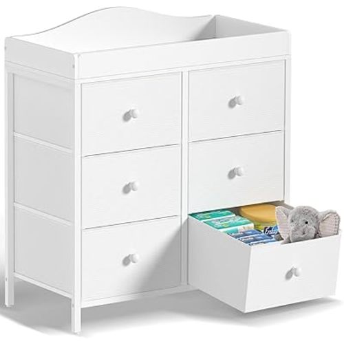 BOLUO White Changing Table Dresser with 6 Fabric Drawers, Baby Dresser with Changing Table Top Diaper Changing Station with Storage for Nursery Modern