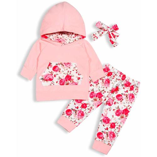 Baby Girls Long Sleeve Flowers Hoodie Tops and Pants Outfit with Pocket Headband