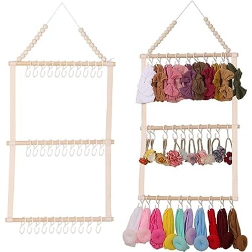 Headband Holder Organizer for Girls Baby Headbands Hair Accessories Organizer Hair Bows Storage Hanging Decor for Nursery Toddler Girls Room (Beige)
